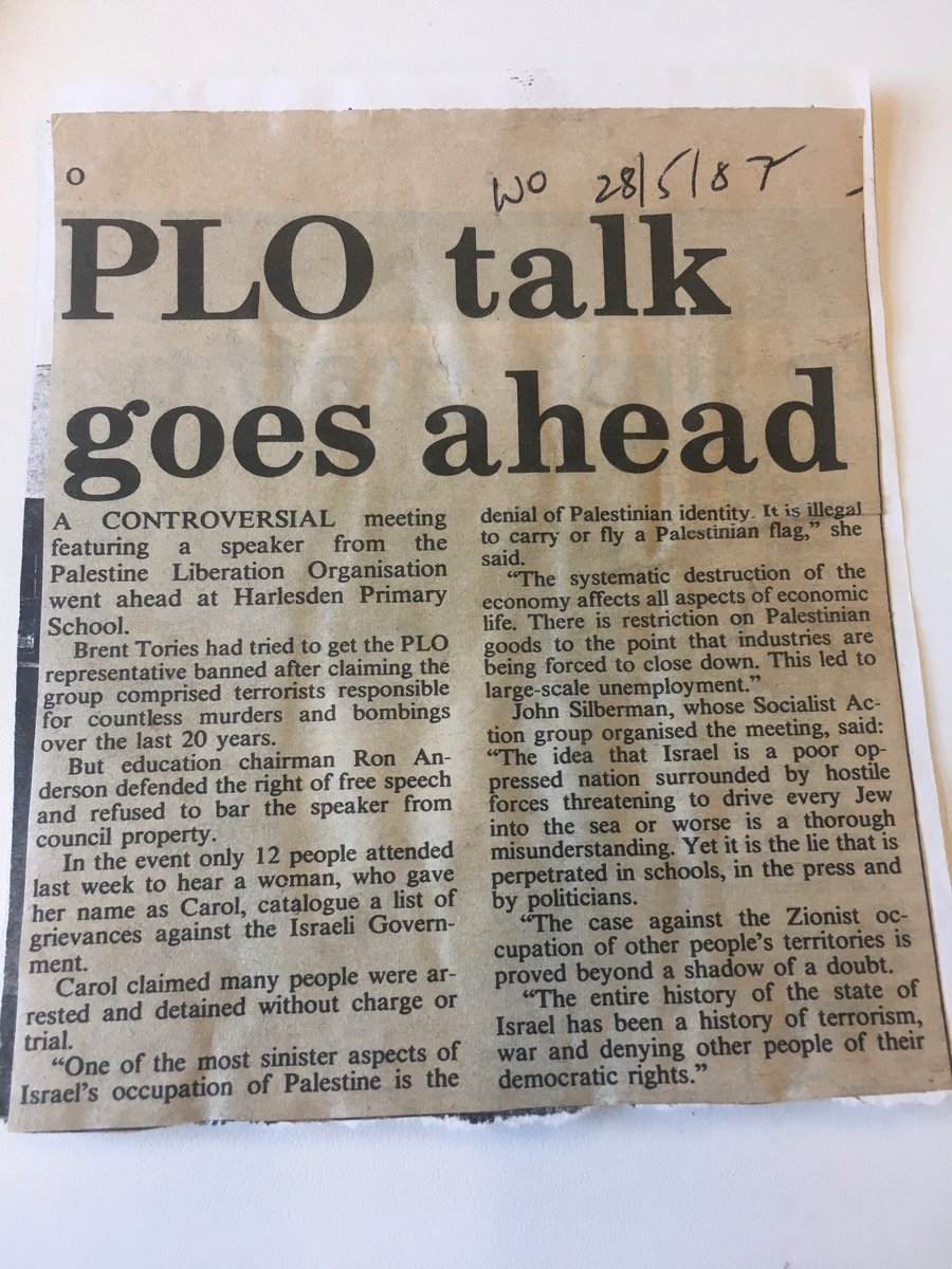 A meeting on Palestine, Harlesden, London June 1987:
‘The case against the Zionist occupation of other people’s territories is proved … The entire history of the state of Israel has been a history of terrorism’.