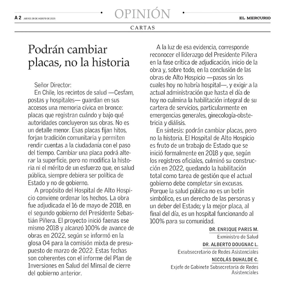 DrEnriqueParis's tweet image. 📃 Podrán cambiar placas, no la historia.
Les comparto una Carta al Director de @__elmercurio, firmada conjuntamente por el Dr. Alberto Dougnac, exsubsecretario de Redes Asistenciales, y Nicolás Duhalde, exjefe de Gabinete de la Subsecretaría de Redes Asistenciales del Minsal.