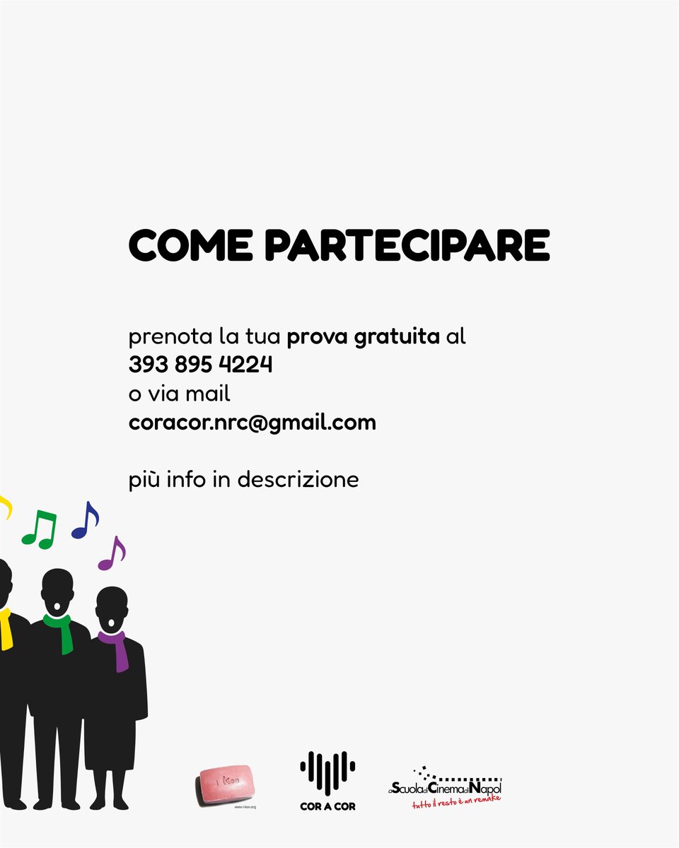 🎤Unisciti a CorACor!
Il nuovo coro pop di Napoli!
Direzione musicale: M° Luigi Nappi
📍Dove: Via Parco Margherita, Napoli (presso la Scuola di Cinema di Napoli)
Quando: ogni martedì
Orario: 20:00 – 22:00
👉 Prenota la tua prova gratuita:
📞 393 895 4224
📧 coracor.nrc@gmail.com