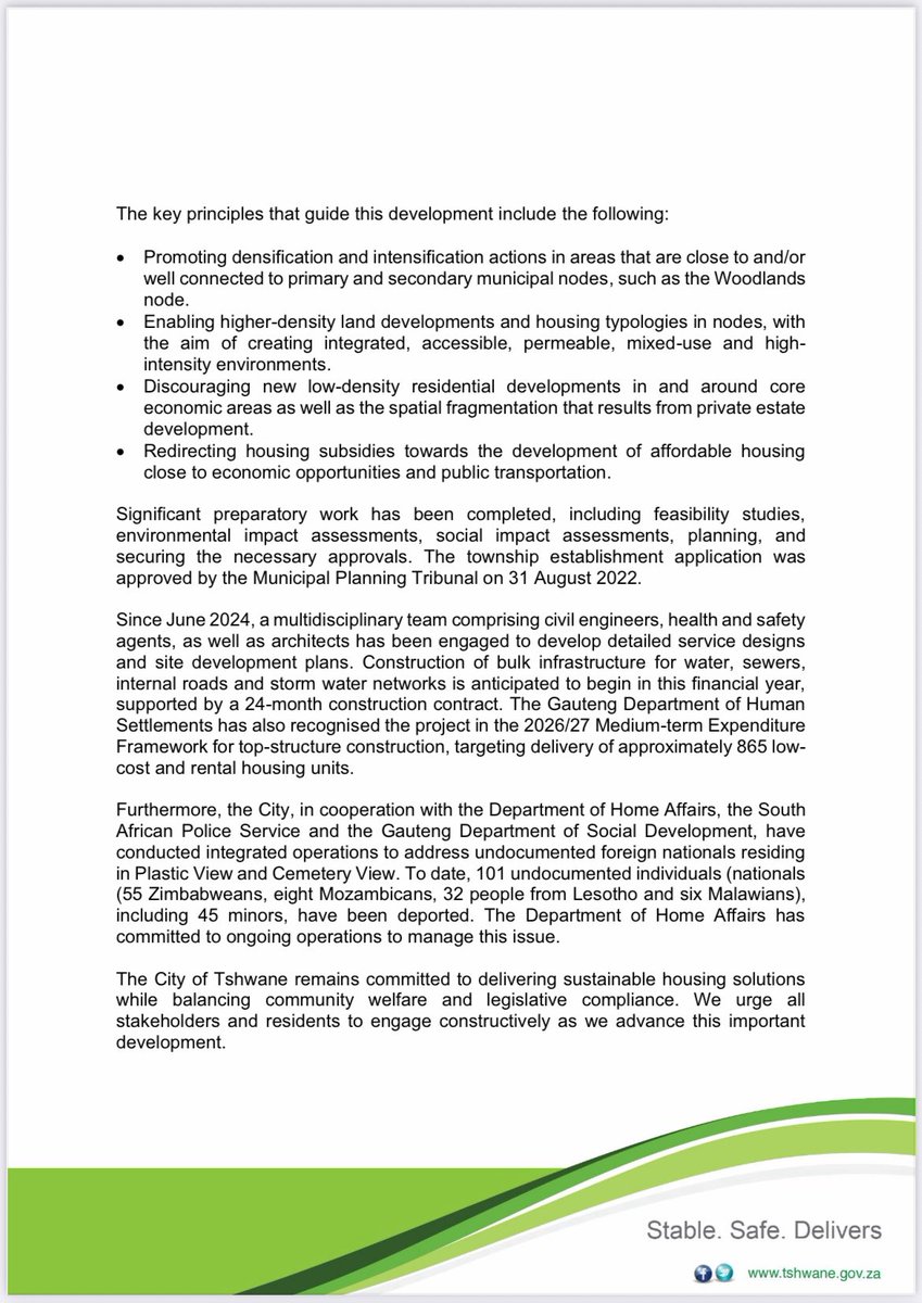 City of Tshwane provides update on the resettlement of South African citizens residing at Plastic View and Cemetery View informal settlements. Over 100 illegal nationals have been deported from the settlements. <a href="/CityTshwane/">City of Tshwane</a>