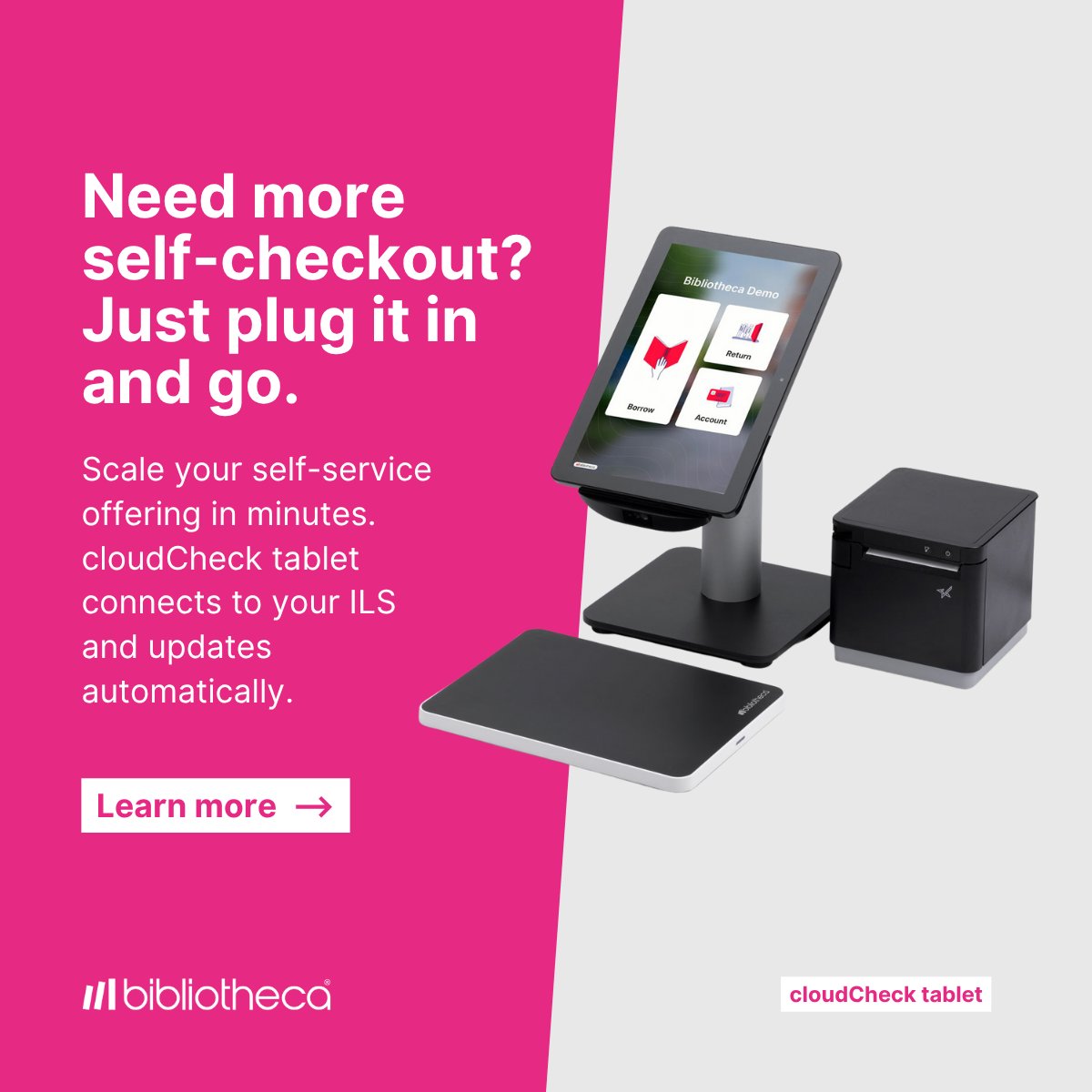 Need more self-checkout stations? Just add a tablet.

◽ Plug-and-play setup — no cabling required
◽ Connects directly to your ILS
◽ Auto-updates via secure cloud platform
◽ Deploy in minutes, relocate anytime

See how libraries scale self-service: hubs.la/Q03xJMwV0