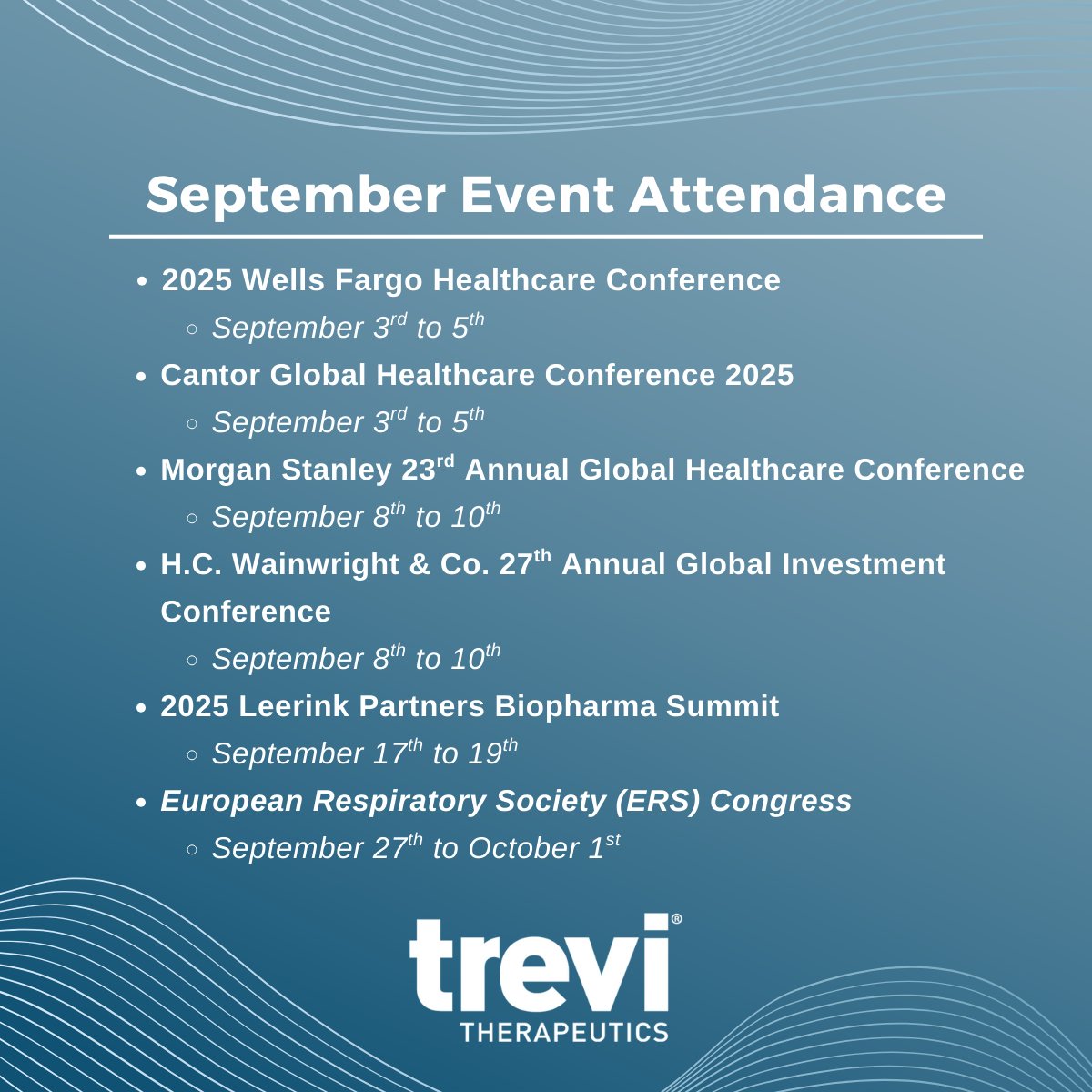 Trevi’s senior leadership is excited for an eventful month ahead! 

Our team looks forward to every opportunity to share our mission of bringing relief to patients living with chronic cough. 

Read more: ow.ly/X8bw50WNtjU

#ChronicCough
