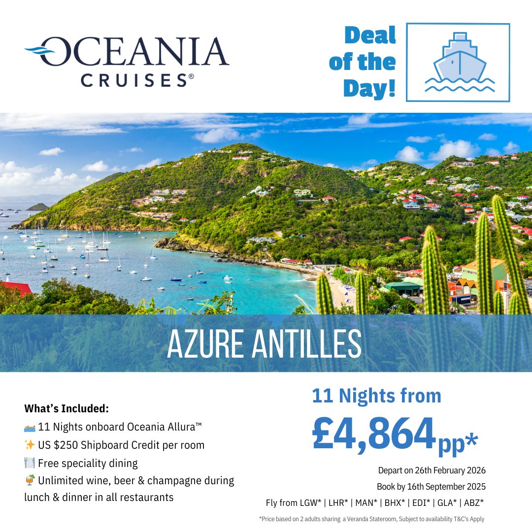 🌴 Azure Antilles Escape
📆 26 Feb 2026 | 11 Nights
🚢 Oceania Allura from £4,864pp
💃 Salsa in San Juan, 🏝️ resort day in St. Barts
✈️ Flights from UK

📞 01978 853886 / 0151 363 6115
📧 sales@delmarworld.co.uk
#DelmarWorld #Oceania #Cruising #travel