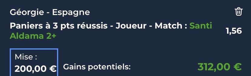 🏀Aldama +1,5 3 PTS @ 1,56 

La Géorgie est vulnérable aux tirs à 3 points . Leur défense se concentre sur la raquette (Bitadze, Shengelia), laissant des espaces pour les tireurs comme Aldama . 

2 3 PTS face à l’Allemagne . On espère la même contre la Géorgie . 

⭐️Pour avoir