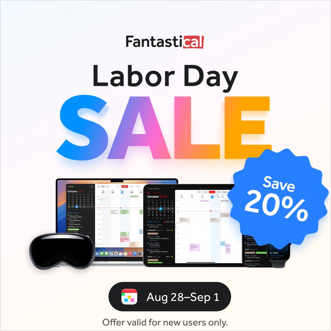 If you’ve been thinking about giving Fantastical a try, NOW 👏🏻 IS 👏🏻 YOUR 👏🏻 CHANCE 👏🏻

The Flexibits Labor Day sale is LIVE and new customers can save 20% on a direct subscription purchase!

Offer ends Sept 1, details at flexibits.com