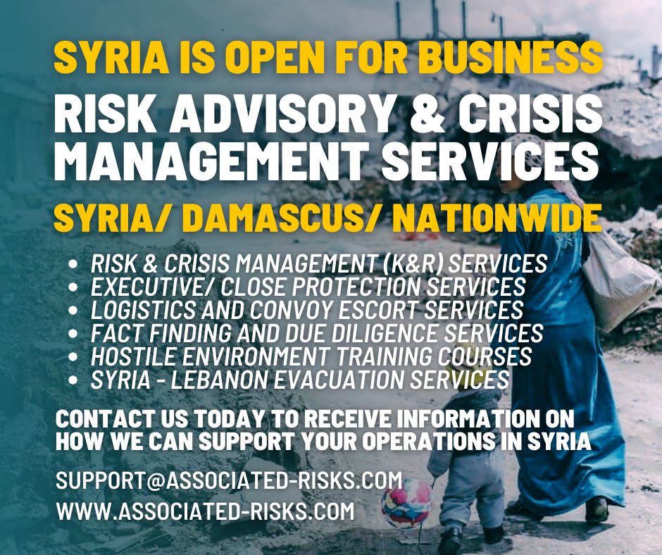 Associated Risk Limited #Syria #Damascus #Aleppo #MiddleEast #EmergingMarkets #FrontierMarkets #RiskManagement #CrisisManagement #CloseProtection #ExecutiveProtection #DueDiligence  #Logistics #OilAndGas #EnergySector #HumanitarianAid #CorporateSecurity tinyurl.com/ARL-Syria-Serv…
