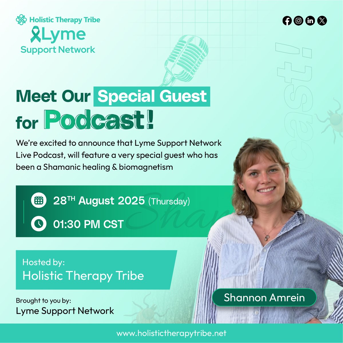 holistictribe's tweet photo. 📢 Exciting news!

On Aug 28 (1:30 PM CST), we’re hosting Shannon Amrein on our Lyme Support Network Podcast 🎙️

Topic: Shamanic Healing &amp; Biomagnetism.

https://t.co/IjJuHJjlba

#LymeDisease #HolisticHealing #Podcast #LymeSupportNetwork #HolisticTherapyTribe https://t.co/miHId0AUG0