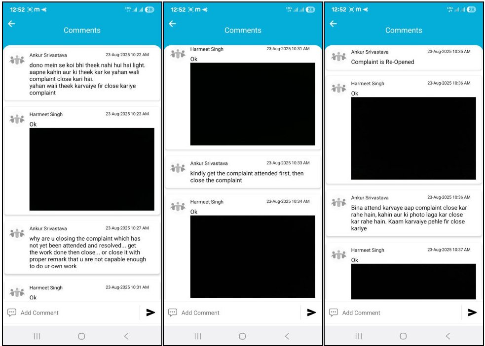ankur255's tweet photo. Complaint of streetlights on LKO One App done &amp;assigned to Mr.Harmeet Singh-9935226566. Not attended till date. He uploaded photo of someother place &amp;closed stating it has been resolved.Upon reopening he posts black photos &amp; writes OK.Irresponsible staff.@EESL_India @NagarLucknow https://t.co/iHYYmt3NTt
