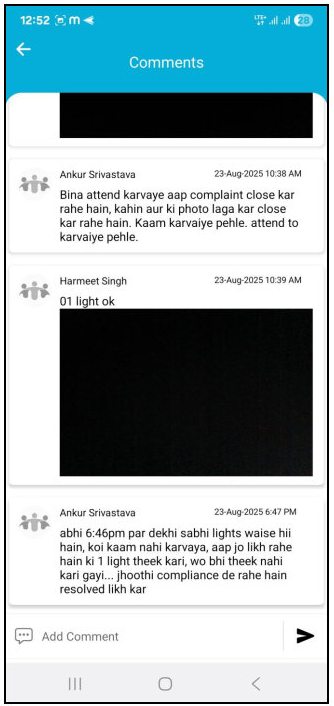 ankur255's tweet photo. Complaint of streetlights on LKO One App done &amp;assigned to Mr.Harmeet Singh-9935226566. Not attended till date. He uploaded photo of someother place &amp;closed stating it has been resolved.Upon reopening he posts black photos &amp; writes OK.Irresponsible staff.@EESL_India @NagarLucknow https://t.co/iHYYmt3NTt