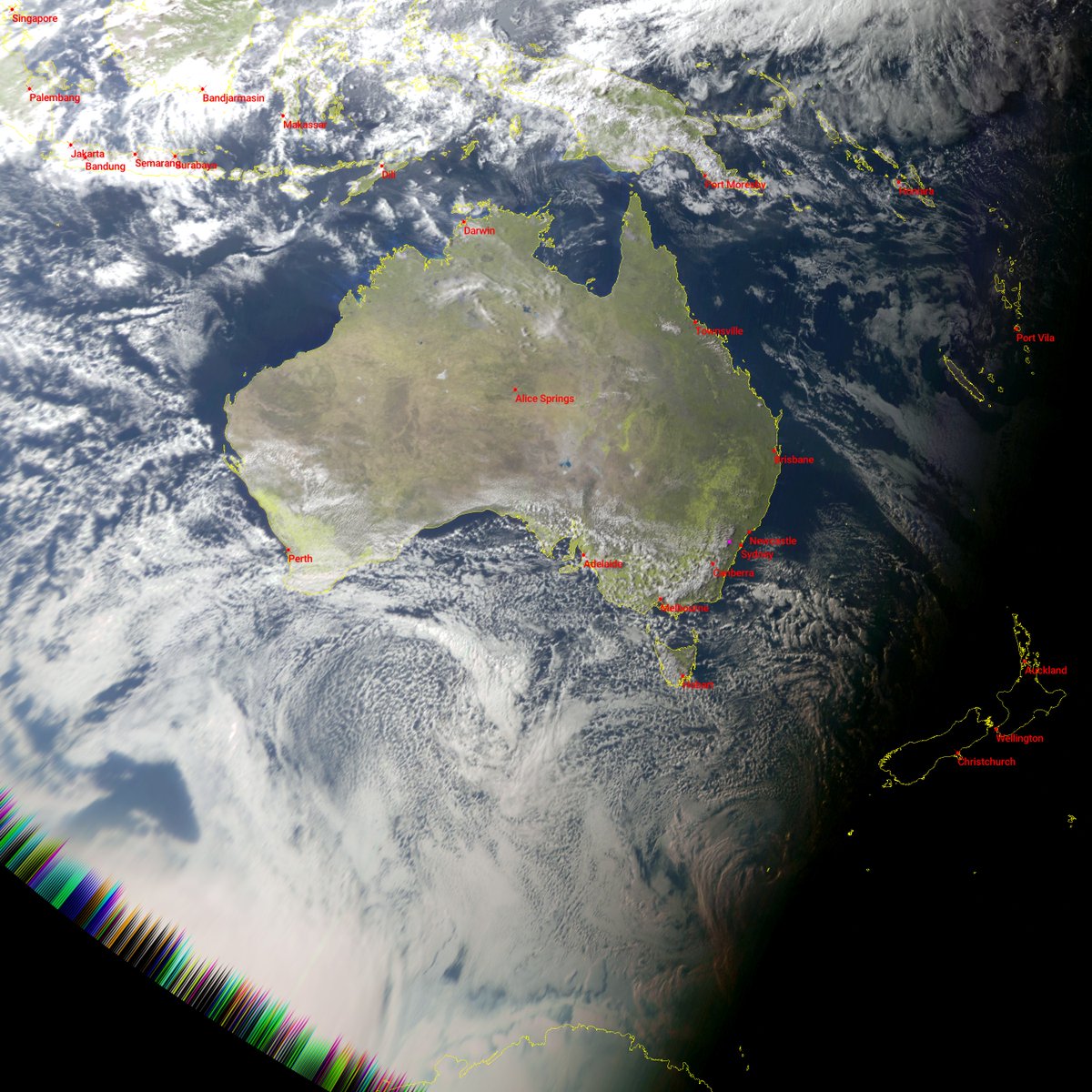 #MeteorMN2_4 Afternoon composite 28 Aug AEST
#Satdump, #QFH, #Nooelec Noaa, #RTLSDR
#ElektroL4 (6:42UTC) 4:42pm
Satdump, #DiscoveryDish, #Airspy mini
#weather #LRPT #LRIT #Satellite #Australia #NewZealand #Globe #Earth
