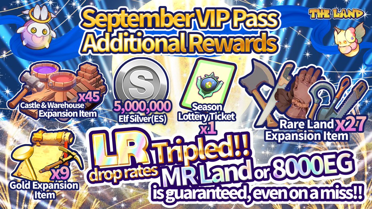 ／／
📣【LR Drop Rates TRIPLED‼️】 📣
⭐️ Don't Miss the Super-Charged September VIP Pass Additional Rewards! ⭐️
＼

Unlock the Additional Rewards from the VIP Pass and claim amazing items instantly! 🎁✨

🎁 Additional Rewards Highlights 🎁
・1x Seasonal Ticket for a chance at an
