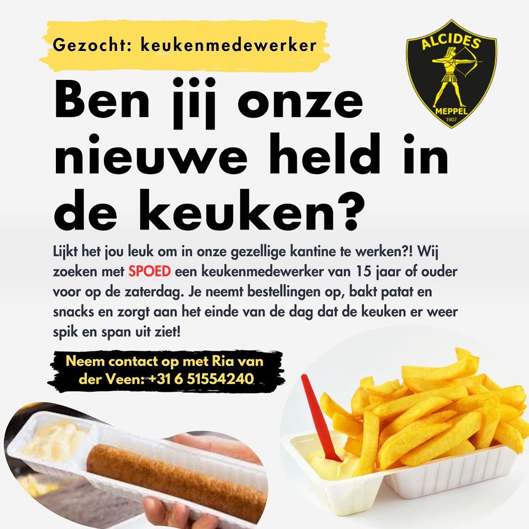 Alcides♔ (@alcides1907) on Twitter photo Ben jij onze nieuwe held in de keuken?!
Wij zoeken keukenmedewerkers voor de zaterdag. Lijkt jou dat nou leuk? Meld je dan bij Ria van der Veen 🍟 Ben jij onze nieuwe held in de keuken?!
Wij zoeken keukenmedewerkers voor de zaterdag. Lijkt jou dat nou leuk? Meld je dan bij Ria van der Veen 🍟