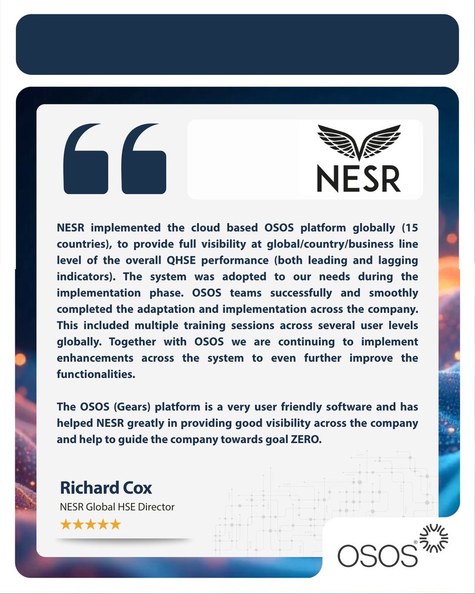 OSOS_tech's tweet image. Great companies don’t just measure safety — they achieve Goal ZERO.
@NESRCorp implemented the cloud-based OSOS QHSE platform across 15 countries to gain full visibility of QHSE performance at every level.
Read the full testimonial & see the impact in action.
#OSOS #QHSE