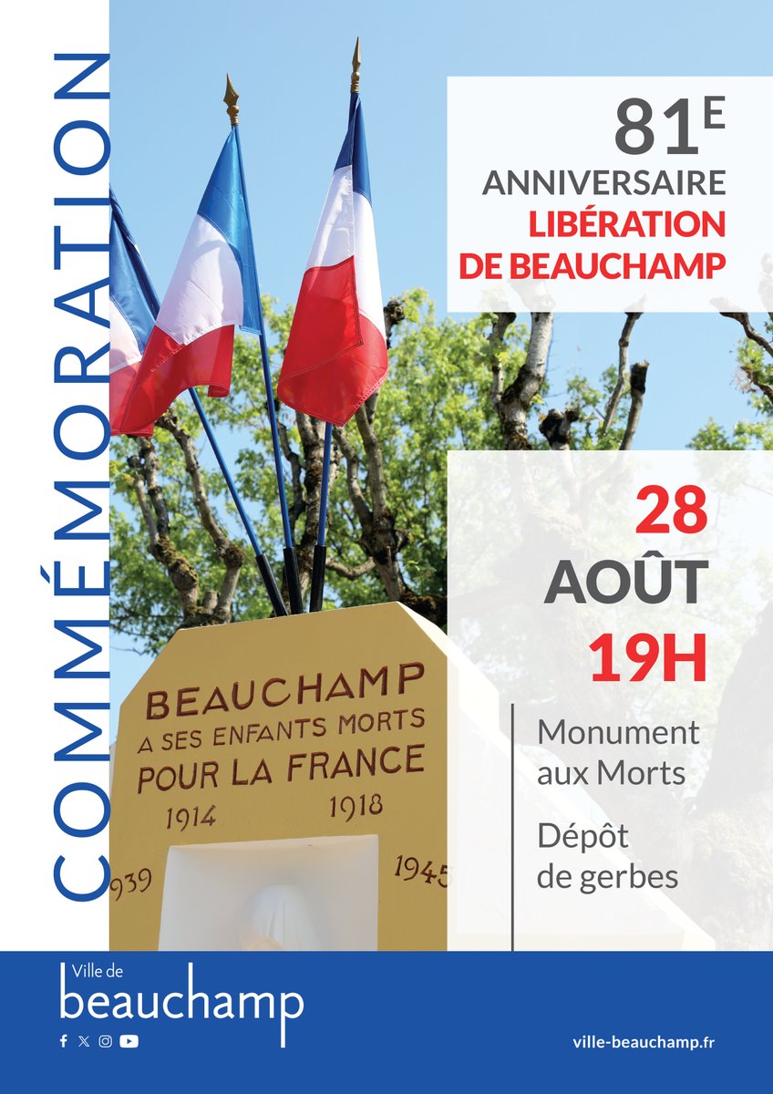 Commémoration de la libération
La Ville de Beauchamp vous invite à la cérémonie du 81e anniversaire de la Libération de la ville.
📅 Jeudi 28 août à 19h
📍 Monument aux Morts – Place Camille Fouinat