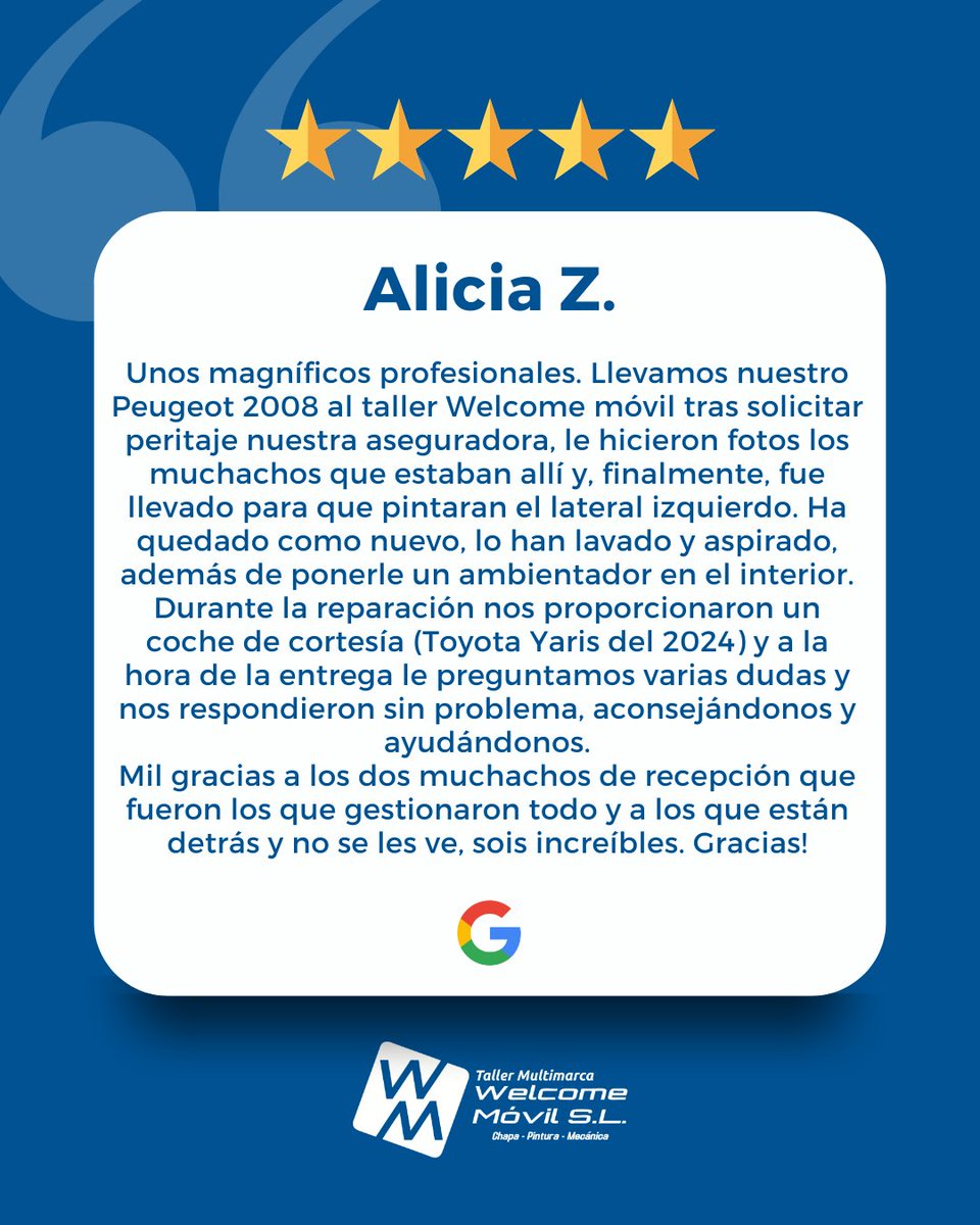 📝 En Taller Welcome Móvil siempre agradecemos vuestras reseñas y nos motiva muchísimo leer comentarios como este. 🙌

¡Gracias por confiar en nosotros, Alicia! Seguiremos trabajando para ofreceros siempre el mejor servicio. 🚗✨
#SomosTuTaller