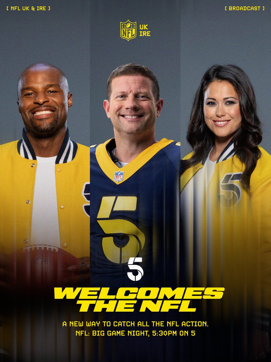 The NFL is coming to <a href="/channel5_tv/">Channel 5</a> 📺🏈

Dermot O’Leary, Sam Quek and Osi Umenyiora will host live coverage on NFL: Big Game Night - a new show that will include a play-along entertainment format. 

5 will broadcast every Sunday at 6pm and 9pm, Super Bowl LX as well as UK and