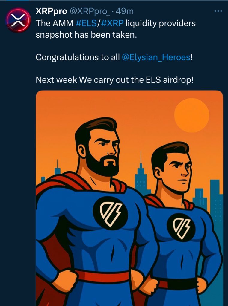 The <a href="/XRPpro_/">XRPpro</a> team has taken the AMM #ELS/#XRP liquidity providers snapshot!

Next week they will carry out the AirDrop 🚀🚀🚀