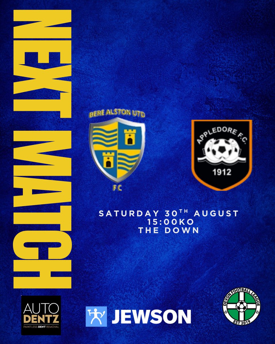 NEXT UP 

🆚 <a href="/AppledoreFC_/">Appledore FC</a> 
📍The Down 
🏆 Devon Football League 
📆 Saturday 30th August 
🕒15:00 
☕Tea hut open for refreshments

⚽️🔵🟡

<a href="/devondfl/">Devon Football League (DFL)</a> 
<a href="/swsportsnews/">South West Sports News</a> 
<a href="/PLsportsnews/">PlymouthSportsNews</a>