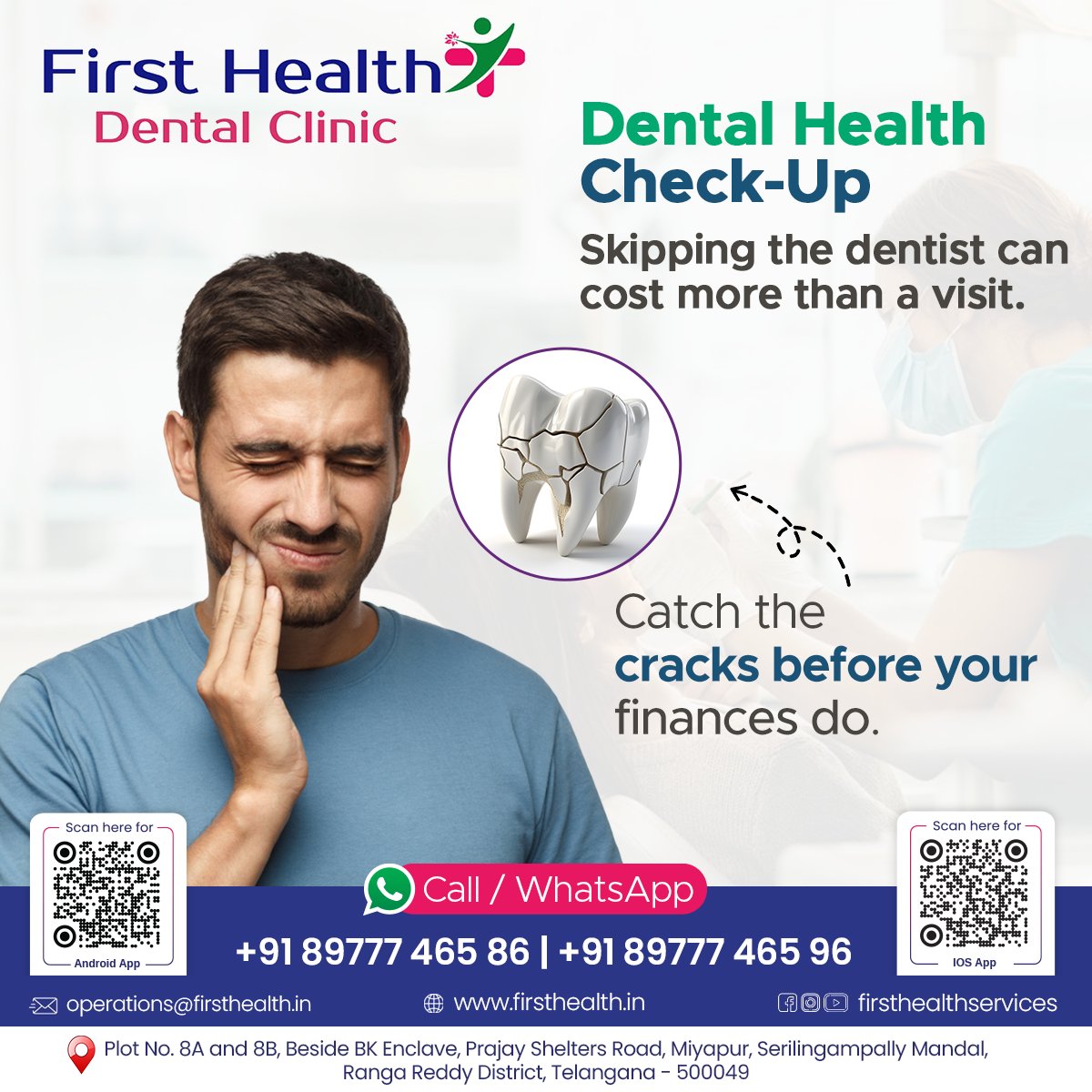 firsthealthlabs's tweet image. Skipping dental check-ups can cost more than just your smile.
Save pain, time &amp;amp; money with regular visits.
Trust First Health Dental Clinic for expert care.

Visit us: firsthealth.in
Contact: +91 89777 46586 | +91 89777 46596

#FirstHealthLabs #DentalCare #HealthySmile