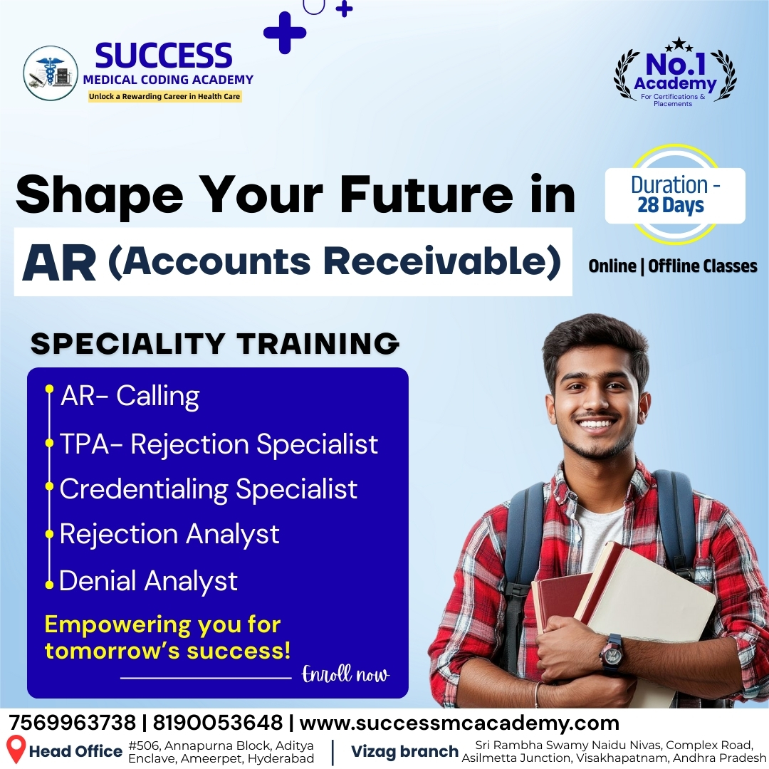 SuccessCoding's tweet image. Explore your career with Our AR (Accounts Receivable) Training at Success Medical Coding Academy
Gain expertise in AR Calling, TPA Rejection Credentialing, Denial & Rejection Analysis
#SuccessMedicalCoding #ARTraining #MedicalCoding #ARcalling #BestInstitute #Ameerpet #HYD