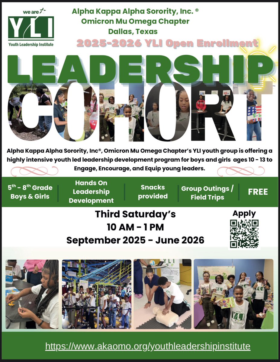 TreecaC's tweet image. 🚨Parents of kiddos ages 10-13🚨

Alpha Kappa Alpha Sorority, Inc.®️, Omicron Mu Omega Chapter is excited to support the next generation through our Youth Leadership Institute, YLI.

Mark your calendars for the “Meet &amp;amp; Greet” on Saturday, Sept. 6. See flyer for full details.