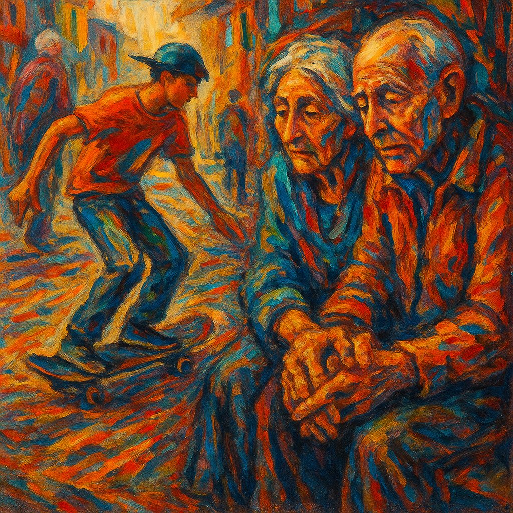 n450s's tweet image. 🎨  Wheels of Time | 28-08-2025

~ s4b  |  (26th AOTD)
user emojis: 🛹 👴🏻

#wheelsoftime #vibrantart #streetscene #skateboarding #nostalgia #handmadeart #abstractpainting #youthandage #pavementdreams #bittersweet

#art #digitalart #aiart #artoftheday #aotd #n450s
