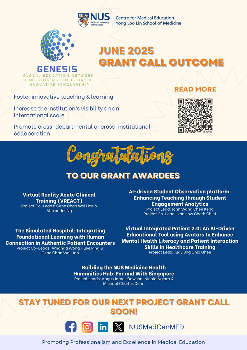 Our first GENESIS Grant call has concluded, and we are thrilled to congratulate the 5 awarded teams!🎉
We are excited to see your projects come to life. Thank you to all who submitted.
Stay tuned for updates on the next cycle!🌟
#GENESISGrant #MedicalEducation #MedEd #Innovation