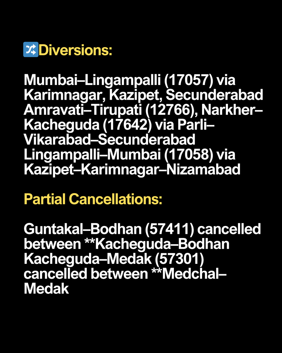 సందీప్ ఎరుకల Sandeep Erukala (@sandeepreports) on Twitter photo . <a href="/SCRailwayIndia/">South Central Railway</a> has announced cancellations, diversions & partial cancellations due to water overflowing on tracks in Bhiknur–Talmadla & Akanpet–Medak sections. . <a href="/SCRailwayIndia/">South Central Railway</a> has announced cancellations, diversions & partial cancellations due to water overflowing on tracks in Bhiknur–Talmadla & Akanpet–Medak sections.