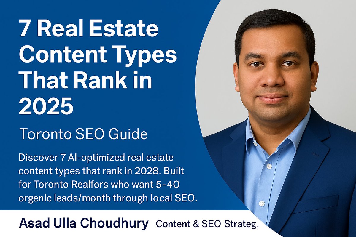 7 Real Estate Content Types That Rank in 2025 🧠   
✅ Market Reports 
✅ Neighborhood Guides 
✅ Property Matchups 
✅ Client Stories 
✅ Step-by-Step Guides 
✅ Lifestyle Listicles 
✅ FAQ Hubs
Built for Toronto Realtors using AI-powered local SEO #TorontoRealEstate #LocalSEO