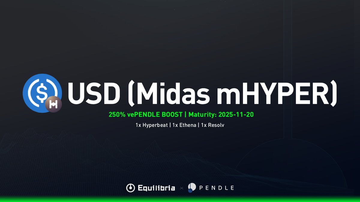 USD (Midas mHYPER) just plugged into Equilibria — and the 250% vePENDLE boost is here to flex at full power.⚡

Backed by <a href="/hyperithm/">Hyperithm</a>'s active allocation strategy on <a href="/MidasRWA/">Midas</a>, this yield-bearing token hunts down the highest yields and extra incentives across DeFi.

Deposit in,