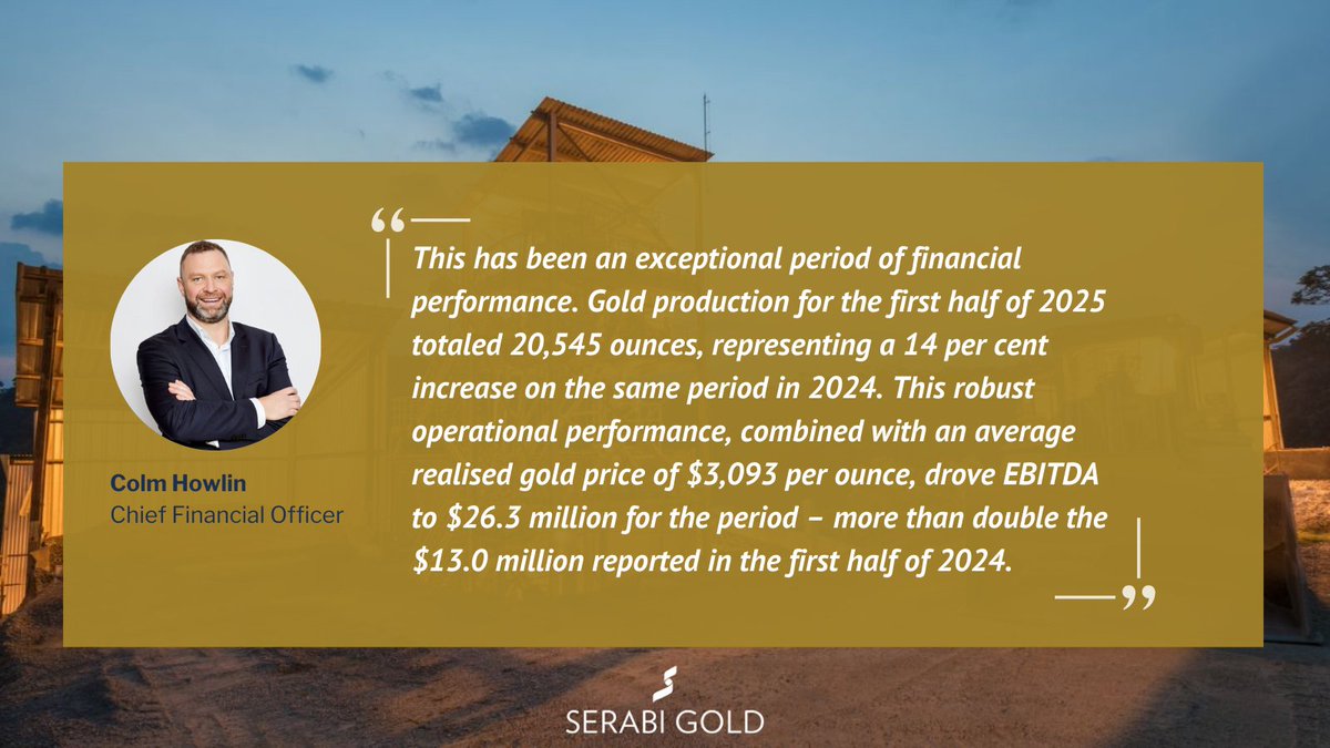 📢 Unaudited interim results for the three-and six-month periods ended 30 June 2025

Highlights include:
- Gold production for the first half of 2025: 20,545 oz
- Cash held on 30 June 2025 of $30.4m
- EBITDA of $26.3m
Link:shorturl.at/qzJDZ 

#SRB