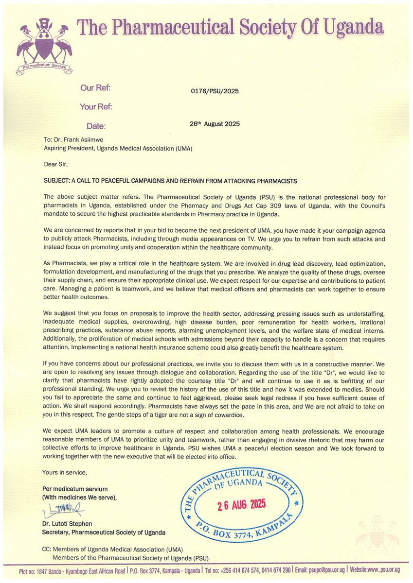 📢 Official Statement
The Pharmaceutical Society of Uganda (PSU) calls for peaceful UMA presidential campaigns and urges all healthcare professionals to foster respect, unity, and collaboration. 🤝

Read our full statement here ⬇️
#PSU #UMA2025 #HealthcareUnity