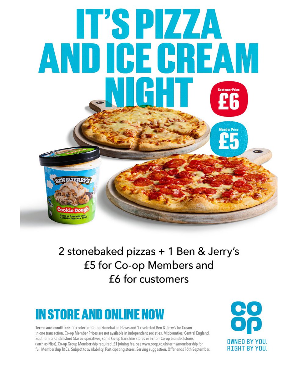 Don't miss the <a href="/coopuk/">Co-op</a> pizza and ice cream deal. Get 2 selected stonebaked pizzas and a selected Ben &amp; Jerry's ice cream for £5 when you're a Co-op Member. Price £6 for non-members 🍕 🍨 shop.coop.co.uk/?utm_source=So…