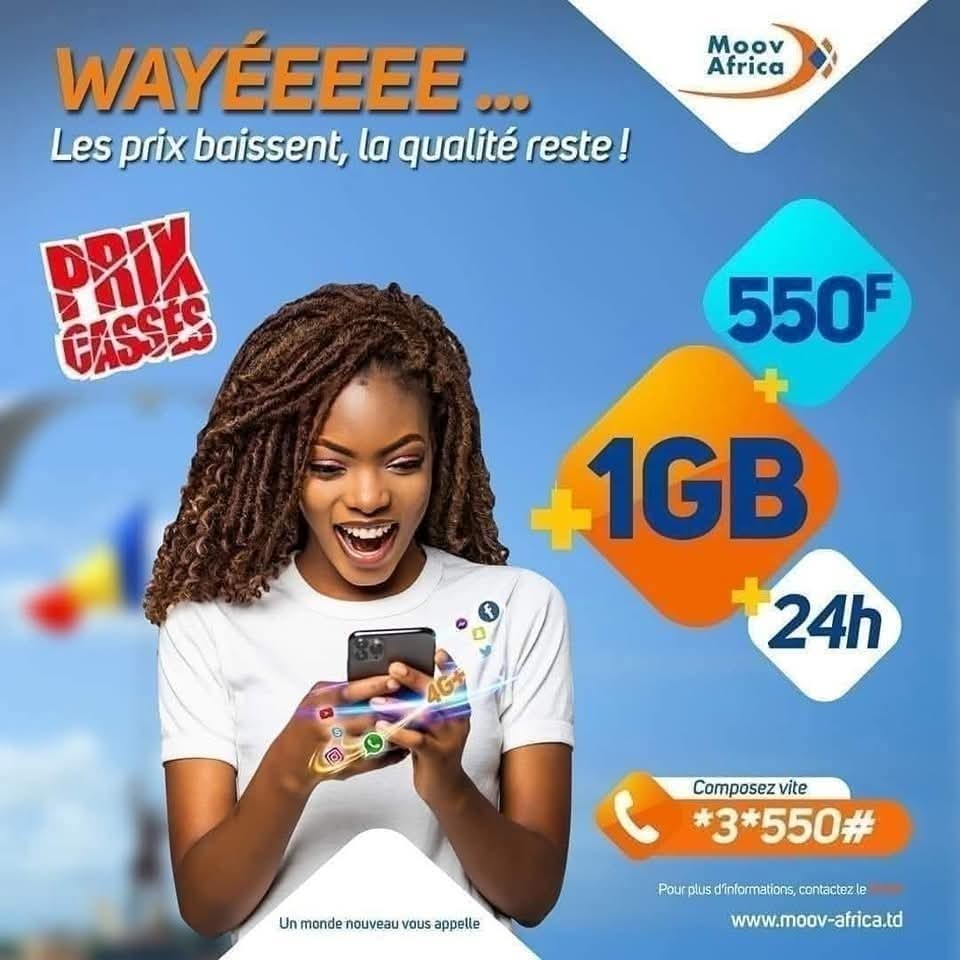 Surfez à volonté avec la meilleure qualité internet au Tchad.🥰😍🥳

👉1GB à 550F (24h)💃💃💃

👉Composez vite *3*550 et profitez d'une meilleure connexion internet avec la 4+ pendant 24H😍😍😍

#Moov_Africa_Tchad #Meilleure_Reseau #Meilleure_Qualite #Baisse_de_prix