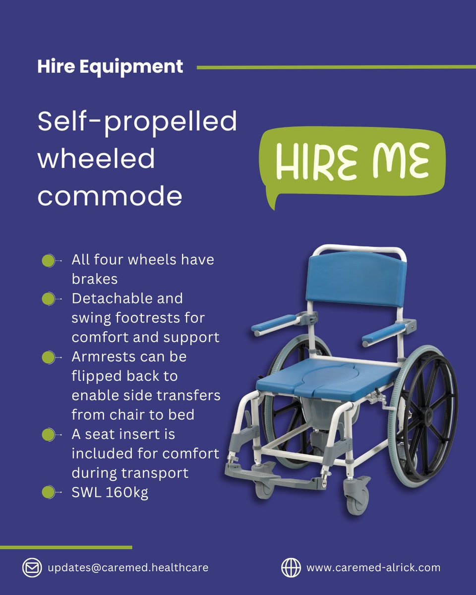 CareMedLSPA's tweet image. Our self-propelled commode chair offers easy manoeuvrability, flip-back armrests for smooth transfers, and adjustable height for the perfect fit. 

✅Available to hire daily, weekly, or monthly.
📩 Email us at updates@caremed.healthcare

#CommodeChair #SelfPropelled #PatientCare