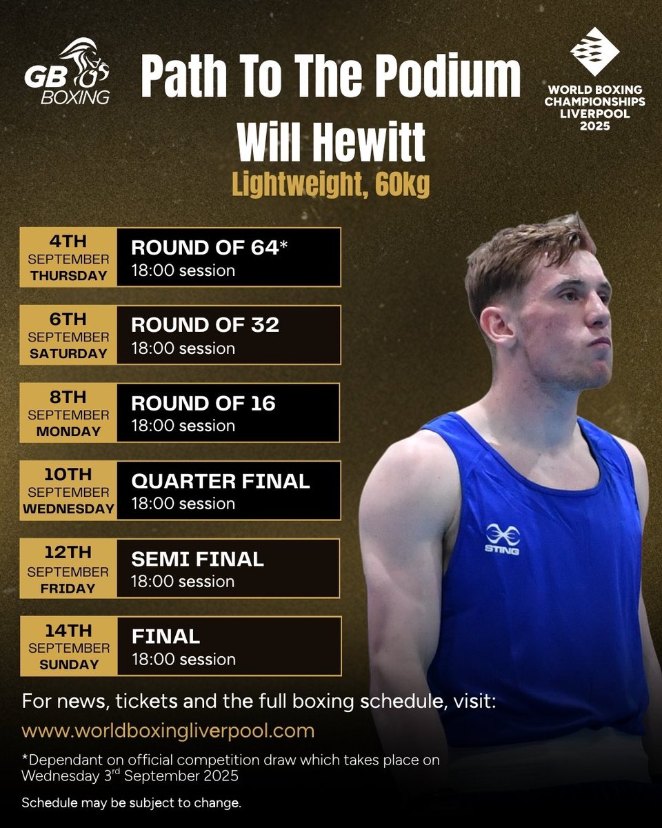 willhewitt1010's tweet image. For tickets to see me box at the World Boxing Championships 2025 in Liverpool, 4-14 September, this is my ‘Path to the Podium’ which picks out the sessions when I will be due to box on the way to the Final.
