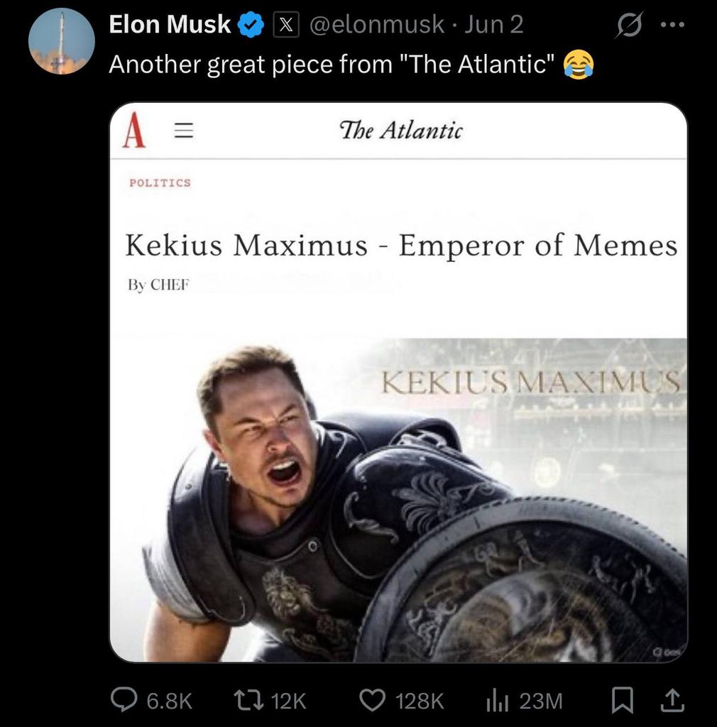 Maximus is now a globally recognized brand, owned solely by Elon Musk.

<a href="/elonmusk/">Elon Musk</a> a.k.a. Emperor Kekius Maximus⚔️