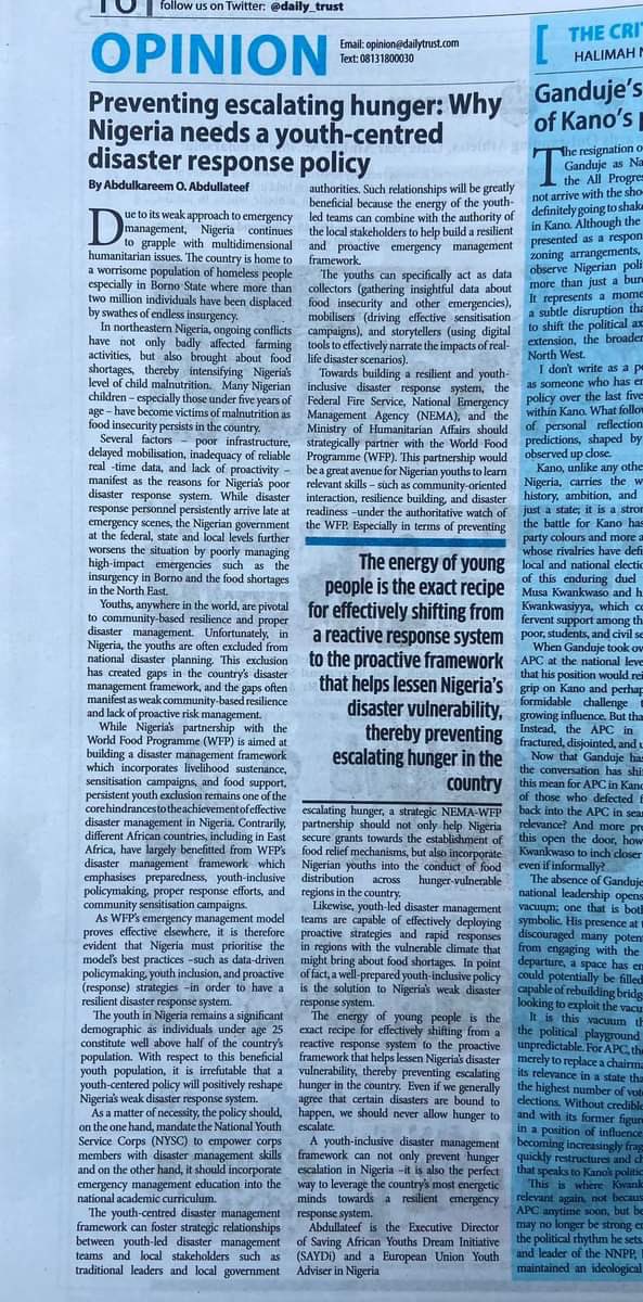 KareemSAYDi's tweet photo. Nigeria isn’t ready for emergencies, and hunger doesn’t wait.

I argue for a youth-centered disaster response policy to save lives and strengthen resilience.

Read here: 
https://t.co/RjylwJwsvy https://t.co/uo1HxMqWtY