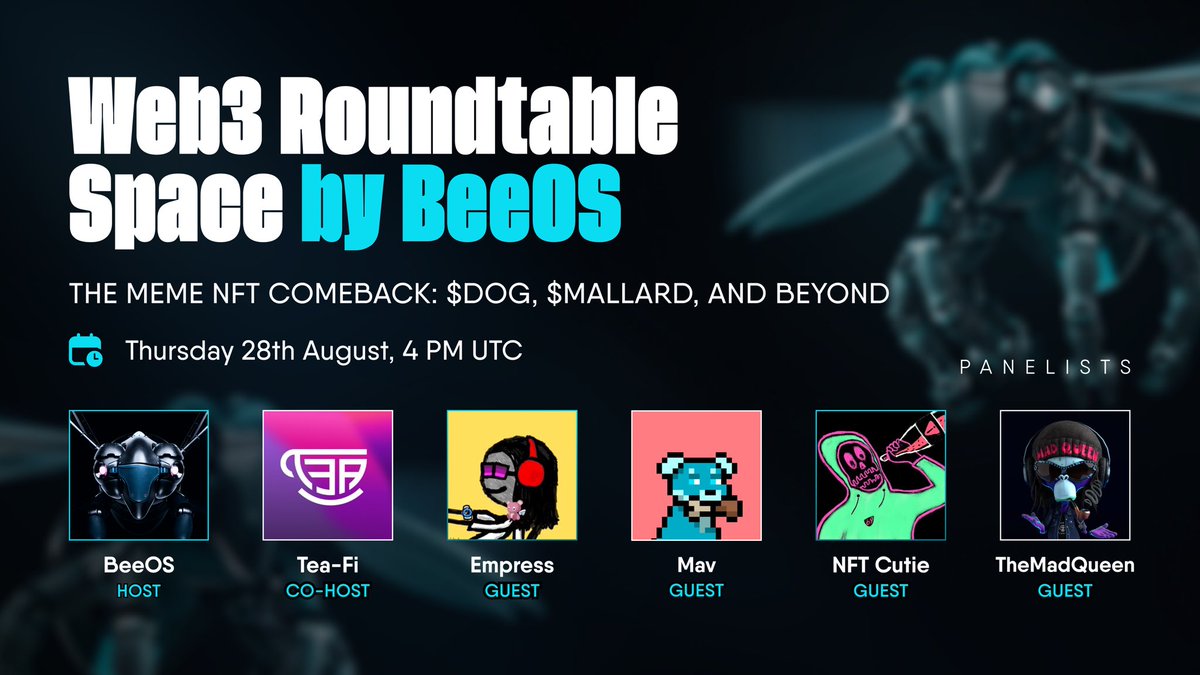 NFT timelines are full of $DOG &amp; $MALLARD 

But is meme szn really back, or are we just coping? 

This week’s roundtable brings top voices who actually know the game.

🗓️ August 28th | 4 PM UTC

Guests:
<a href="/TeaFi_Official/">Tea-Fi | Crypto Super App☕️</a> (Co-Host)
<a href="/Hope_ology/">𝑬𝑴𝑷𝓇𝑒𝓈𝓈⋮</a> 
<a href="/Mavmetax/">Mav</a> 
<a href="/nftcutie/">BTC HUNK⚡</a> 
<a href="/TheMadQueenEth/">TheMadQueen</a>