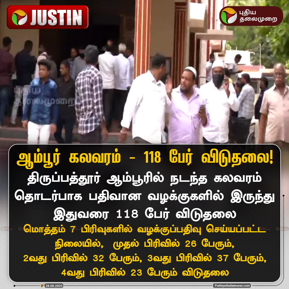 PttvNewsX's tweet photo. ஆம்பூர் கலவரம்- இதுவரை 118 பேர் விடுதலை

#TNPolice | #Ambur | #Thirupathur | #AmburCase https://t.co/HdRF9jHdFw