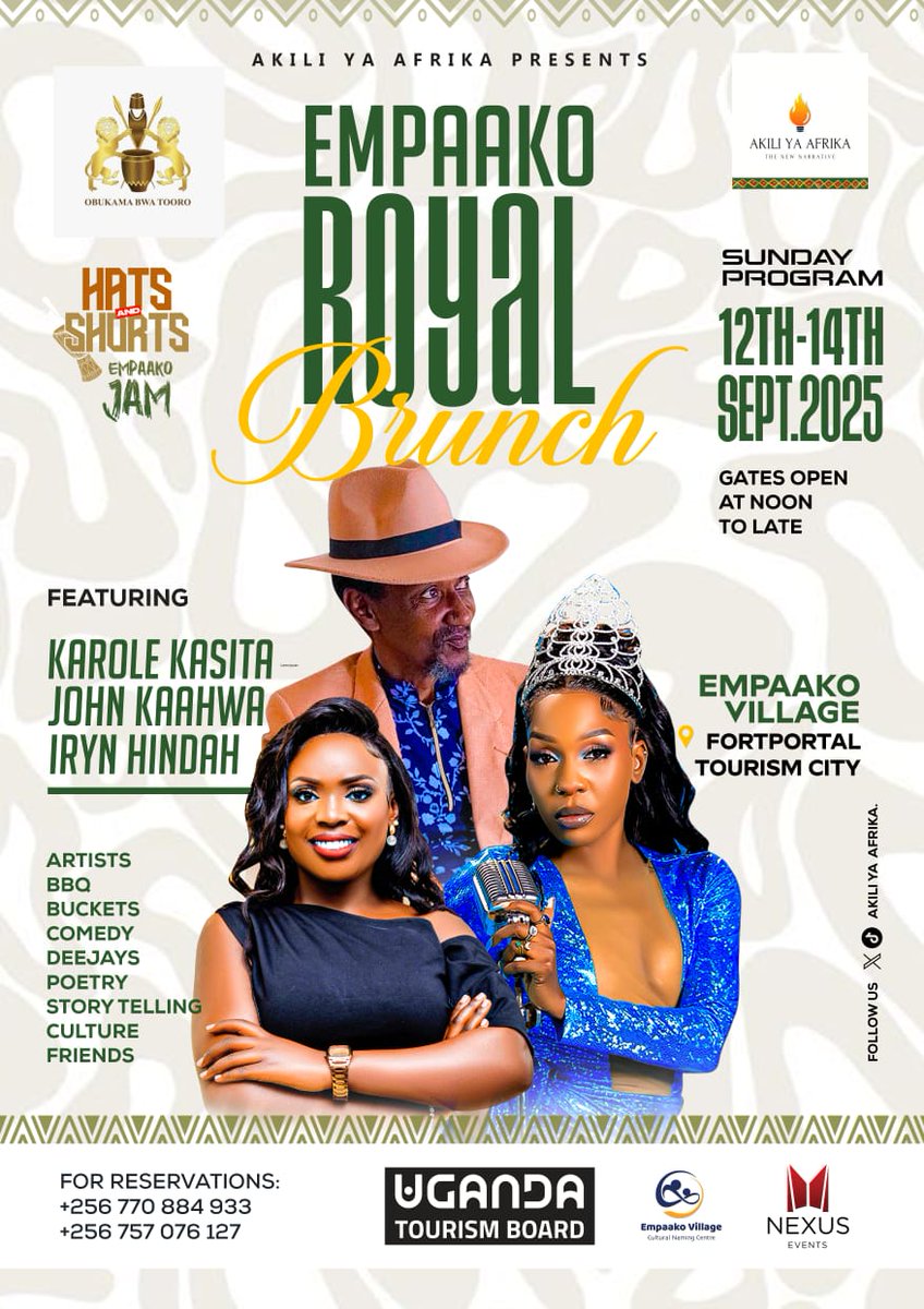 HatsAndShortsUganda:Empaako Culture Jam Edition (@hatshortsuganda) on Twitter photo The #HatsandShortsEmpaakoJam culminates on Sunday 14th September with the Empaako Royal brunch. <a href="/IKabahinda/">Iryn Hindah</a> John Kaahwa <a href="/KaroleKasita/">karole kasita</a> and many more incredible acts will serenade you while we celebrate the #30thEmpango and His Majesty <a href="/KingOyoOfficial/">His Majesty King Oyo of Tooro Kingdom</a> <a href="/ObukamaBwaTooro/">Tooro Kingdom</a>
Don't The #HatsandShortsEmpaakoJam culminates on Sunday 14th September with the Empaako Royal brunch. <a href="/IKabahinda/">Iryn Hindah</a> John Kaahwa <a href="/KaroleKasita/">karole kasita</a> and many more incredible acts will serenade you while we celebrate the #30thEmpango and His Majesty <a href="/KingOyoOfficial/">His Majesty King Oyo of Tooro Kingdom</a> <a href="/ObukamaBwaTooro/">Tooro Kingdom</a>
Don't