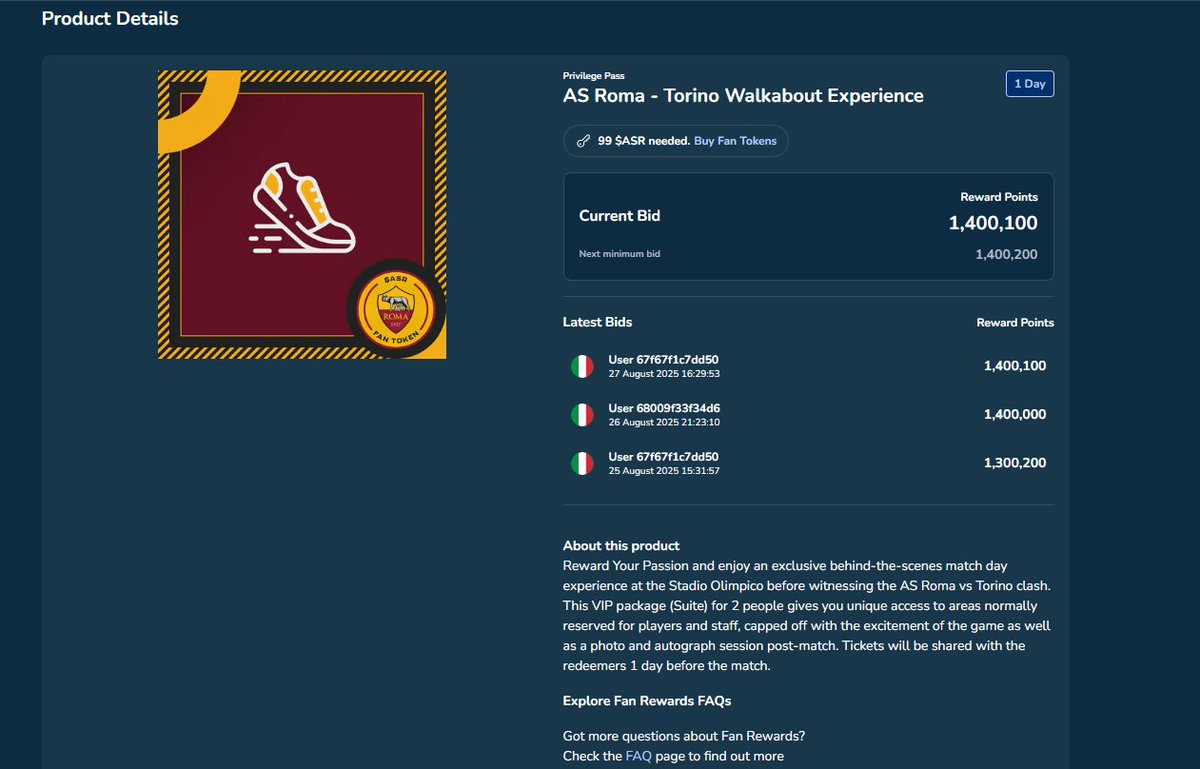 Unikalne doświadczenie dla fanów AS Roma!

Pakiet VIP AS Roma –  pozwala zajrzeć za kulisy meczu, wejść do stref zarezerwowanych dla piłkarzy i sztabu oraz wziąć udział w sesji foto i autografów .

Aktualna licytacja: 1,4M punktów . Ktoś licytuje ? 

#ASRoma #Chiliz #Socios