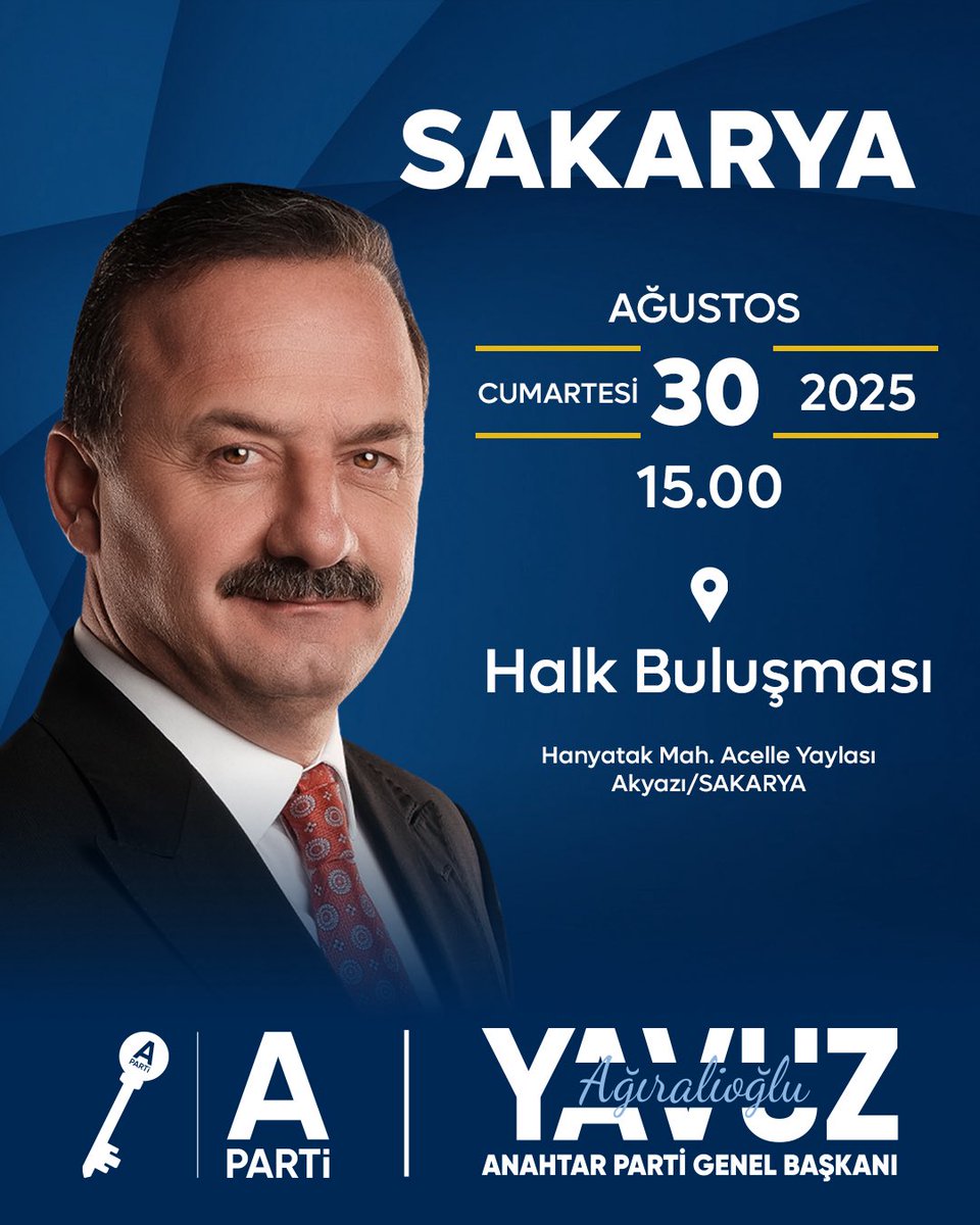 Sakarya Halk Buluşmamız, Genel Başkanımız Sayın Yavuz Ağıralioğlu’nun katılımlarıyla, 30 Ağustos Cumartesi günü gerçekleştirilecektir. Tüm halkımızı “Ev Sahibi” olarak bekliyoruz.
