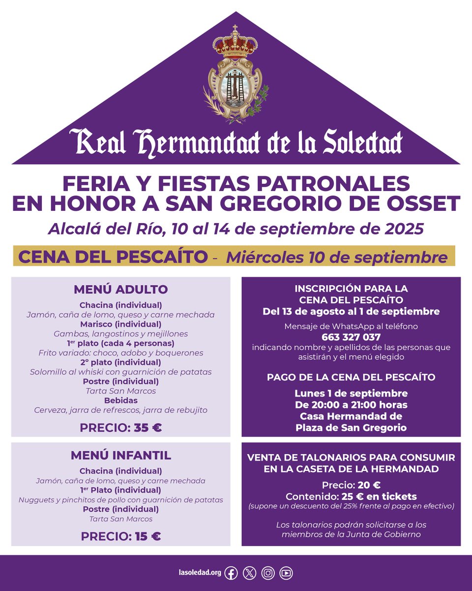 #INFORMACIÓN | CENA DEL ‘PESCAÍTO’ EN LA CASETA DE LA HERMANDAD Y VENTA DE TALONARIOS

▶️ Reserva hasta el 1 de septiembre

📲 WhatsApp al 663 327 037

▶️ Venta de talonarios: miembros de la Junta de Gobierno

#LaSoledadDeAlcaláDelRío #TúEresElOrgulloDeNuestroPueblo