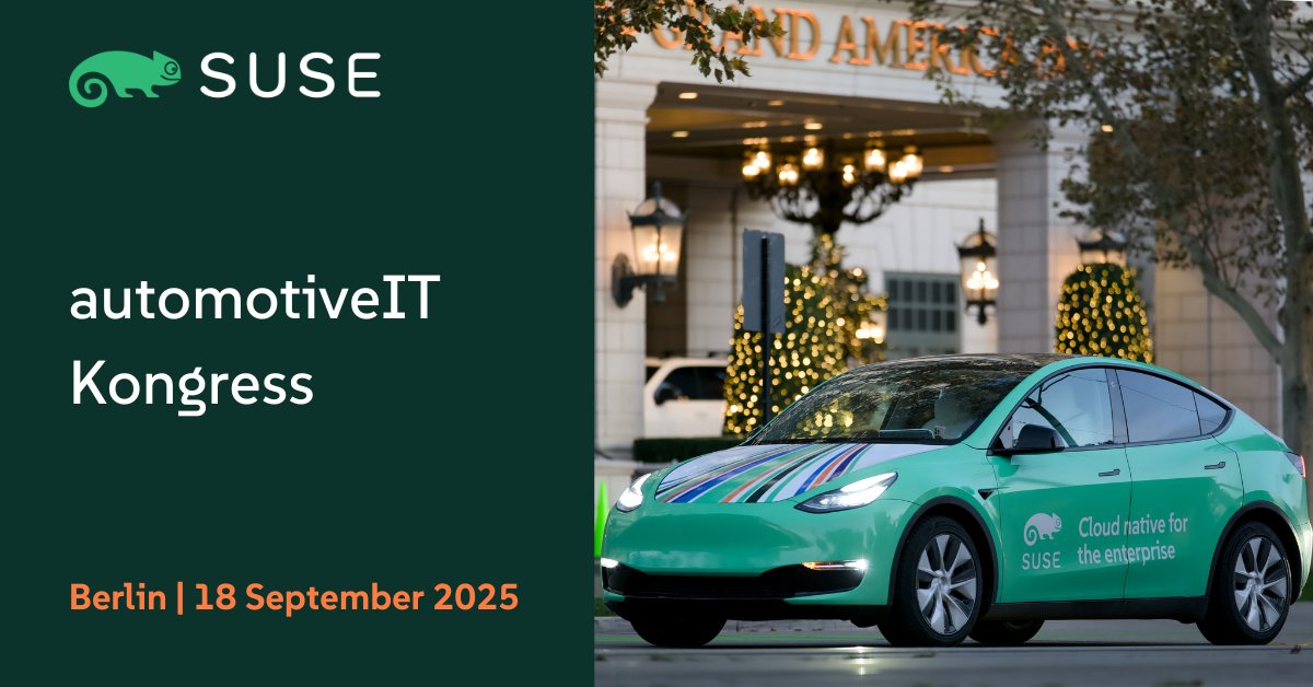 Treffen Sie <a href="/SUSE/">SUSE</a> auf dem automotiveIT Kongress! Am 18. September findet das alljährliche Branchentreffen der Automobil- und IT-Industrie in Berlin statt, denn ohne #IT bewegt sich in der #Automobilindustrie nichts mehr! Mehr: okt.to/nbjhHC #ITconnects #SUSE #Linux