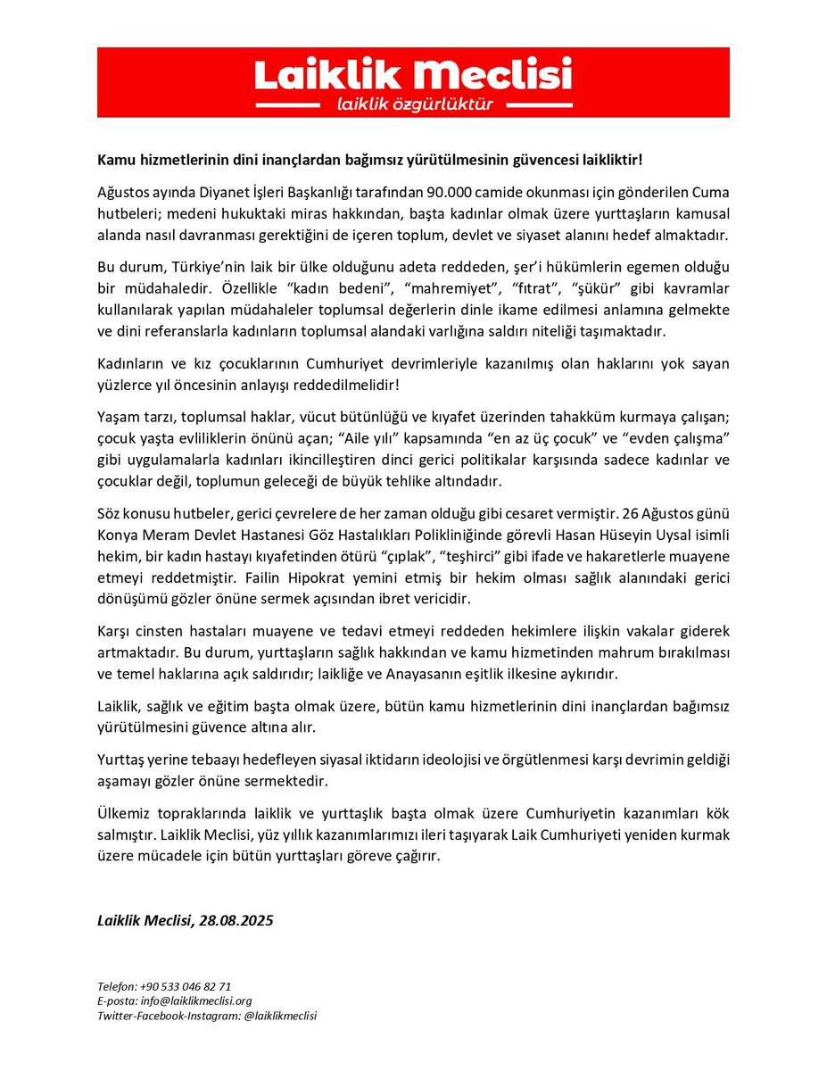 📢: Kadınların ve kız çocuklarının Cumhuriyet devrimleriyle kazanılmış olan haklarını yok sayan yüzlerce yıl öncesinin anlayışı reddedilmelidir!

Basın açıklaması:
👇👇👇

laiklikmeclisi.org/detay/kamu-hiz…