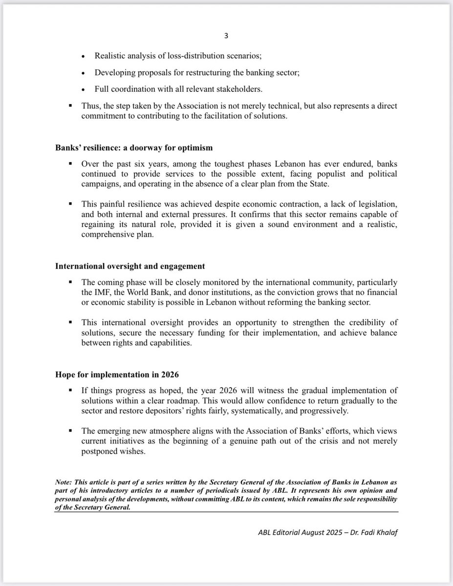Editorial #Association_of_Banks_in_Lebanon, by Secretary General #Dr_Fadi_Khalaf:
Towards realistic solutions in 2026
(August 2025)