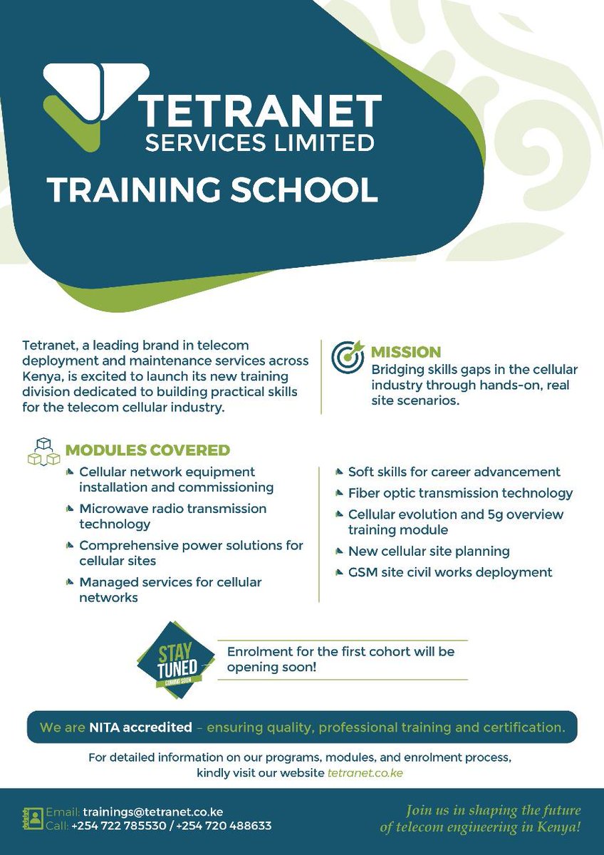tetranet_ke's tweet photo. The future of telecom needs skilled hands!
Join the Tetranet Training School and gain real-world, hands-on skills in 5G, fiber optics, site deployment & more.
💡 Enrollment for our first cohort opens soon — don’t miss your chance!
#TelecomTraining #SkillsForTheFuture #EnrollNow https://t.co/TmE1zr4gNv