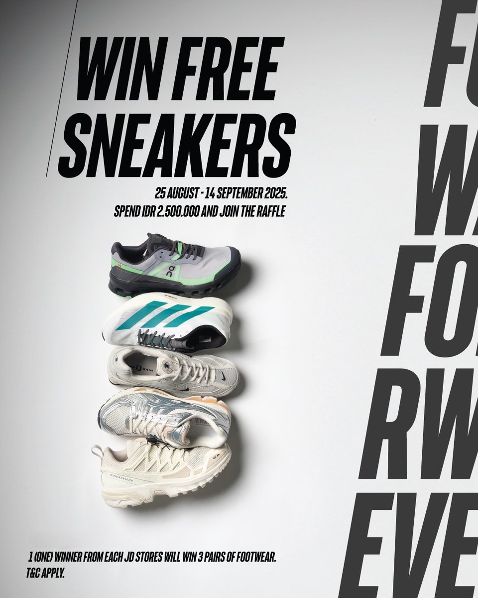 🚨 WIN FREE SNEAKERS 🚨 
Yes, you read that right.
spend IDR 2,500,000 at @jdsportsindo and enter the raffle to win 3 pairs of sneakers you love. 🏆👟 
📅 Aug 25 – Sept 14 
📍 JD Sports PIM 3, 1st floor

#PIMRumahKedua #RumahKedua