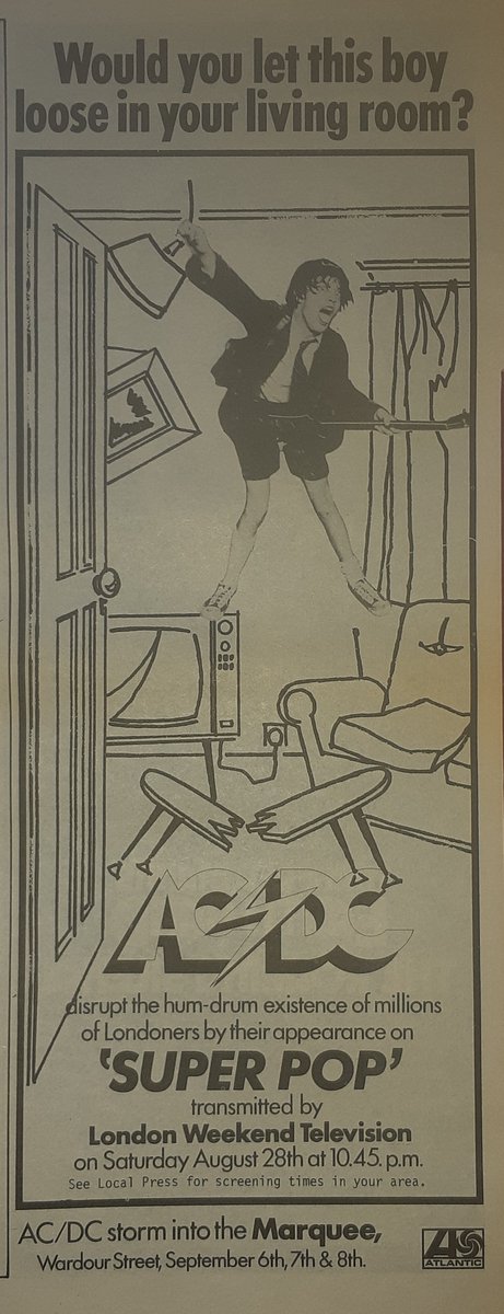 SoundsClips's tweet image. An advert for AC/DC's London Weekend Television's appearance on 'Super Pop' and their Marquee gig in Sounds 28th, August 1976.
@acdc